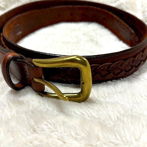 Vintage Mens LL Bean Brown Leather Braided Western Belt Solid Brass Buckle Sz 30
